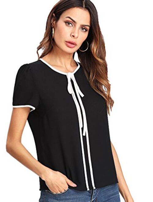 Floerns Women's Summer Short Sleeve Tie Bow Neck Chiffon Blouse Top