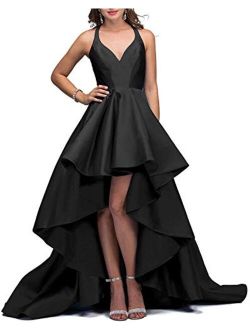 Tianzhihe Halter High Low Prom Dress Long A-line Satin Formal Evening Party Gown