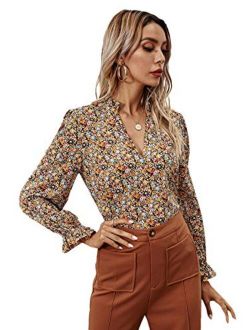 Women's Notched V Neck Long Sleeve Blouse Shirt Tops