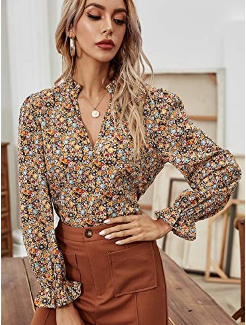Floerns Women's Notched V Neck Long Sleeve Blouse Shirt Tops