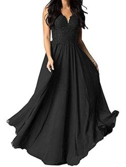 Tianzhihe V Neck Lace Applique Bridesmaid Dress A-Line Floor Length Women's Wedding Evening Prom Party Maxi Gown