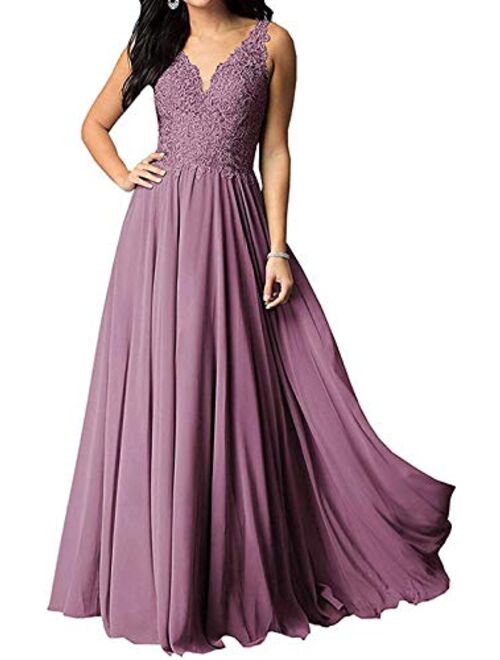 Tianzhihe V Neck Lace Applique Bridesmaid Dress A-Line Floor Length Women's Wedding Evening Prom Party Maxi Gown