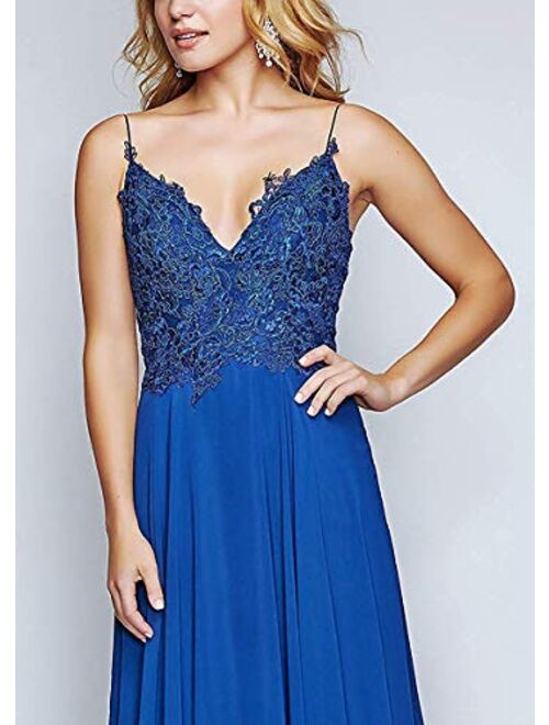 Tianzhihe Spaghetti Strap V Neck Bridesmaid Dress Long Chiffon Lace Applique Prom Party Gown