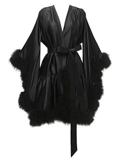 yinyyinhs Sexy Feather Robes Dressing Gowns Nightwear Shiny Smooth Silk Satin Plush Fur Cuff Short Nightie