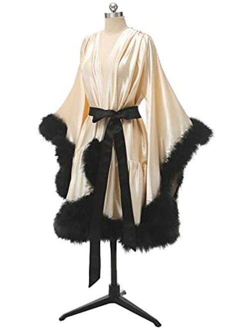 yinyyinhs Sexy Feather Robes Dressing Gowns Nightwear Shiny Smooth Silk Satin Plush Fur Cuff Short Nightie