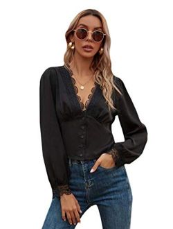 Women's Casual Scalloped Lace Trim V Neck Long Sleeve Blouse Crop Top