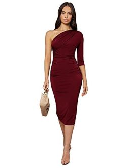 Women's Ruched One Shoulder Bodycon Midi Dress 3/4 Sleeve Pencil Dresses