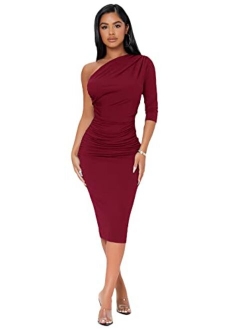 Women's Ruched One Shoulder Bodycon Midi Dress 3/4 Sleeve Pencil Dresses