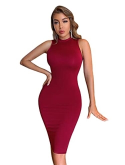 Women's Mock Neck Sleeveless Ruched Dress Bodycon Pencil Solid Dresses