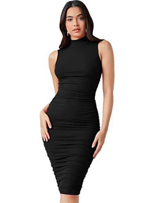 SheIn Women's Mock Neck Sleeveless Ruched Dress Bodycon Pencil Solid Dresses