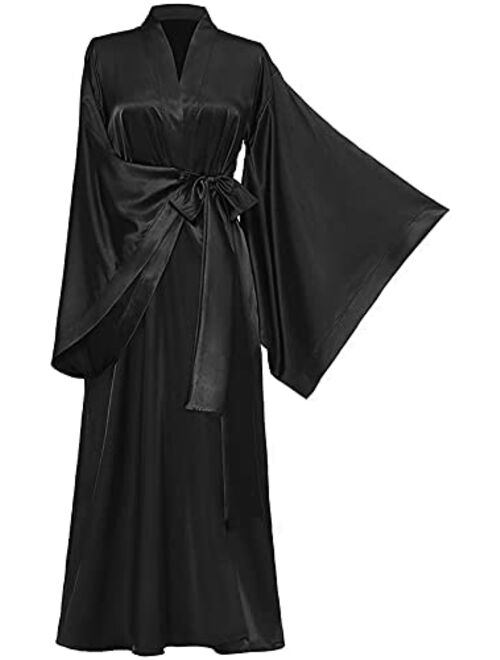 Tianzhihe Silk Bathrobe for Women Long Kimono Robes Plus Size Satin Boudoir Robes Dressing Gown Ladies Sleepwear with Belt