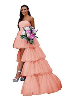 Tianzhihe Women's Strapless Tulle Prom Dress High Low Tiered Evening Wedding Party Gown