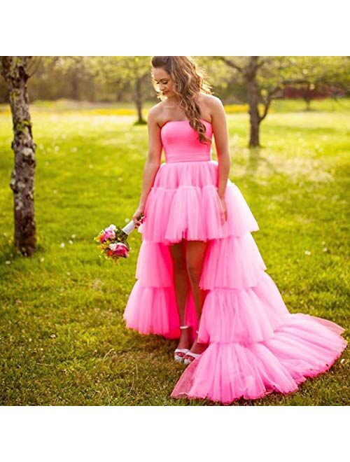 Tianzhihe Women's Strapless Tulle Prom Dress High Low Tiered Evening Wedding Party Gown
