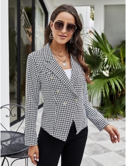Women's Houndstooth Long Sleeve Lapel Collar Double Breasted Blazer Jacket