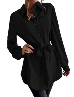 Women's Tie Front Button Up Blouse Shirt Bishop Long Sleeve Collar Longline Tunic Top