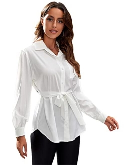 Women's Tie Front Button Up Blouse Shirt Bishop Long Sleeve Collar Longline Tunic Top