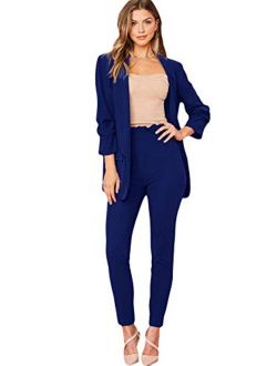 Women's Two Piece Open Front Long Sleeve Blazer and Elastic Waist Solid Pant Set Suit