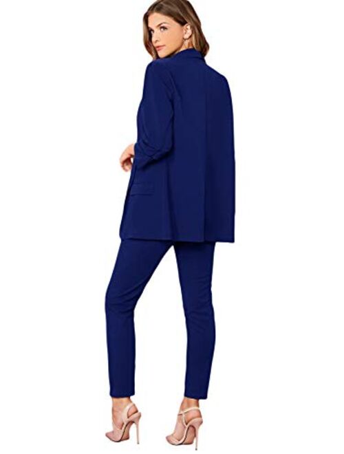 SheIn Women's Two Piece Open Front Long Sleeve Blazer and Elastic Waist Solid Pant Set Suit