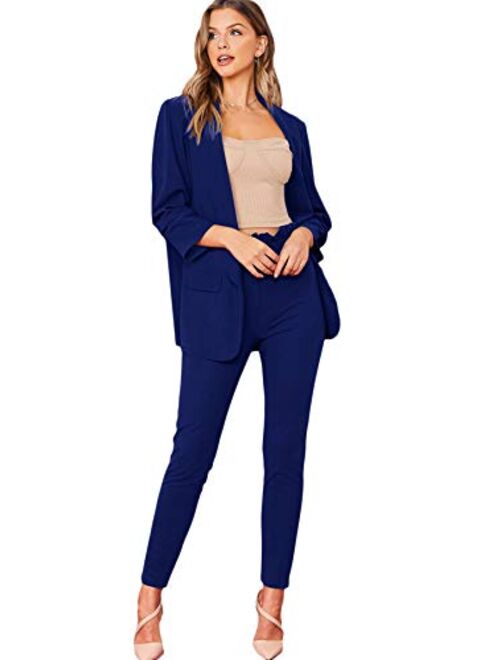 SheIn Women's Two Piece Open Front Long Sleeve Blazer and Elastic Waist Solid Pant Set Suit