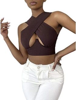 Women's Crisscross Cut Out Vest Halter Wrap Crop Top Solid Cami Tank Tops