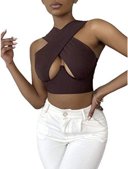 SheIn Women's Crisscross Cut Out Vest Halter Wrap Crop Top Solid Cami Tank Tops