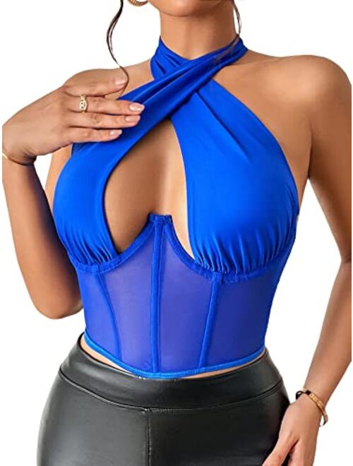 SheIn Women's Crisscross Cut Out Vest Halter Wrap Crop Top Solid Cami Tank Tops