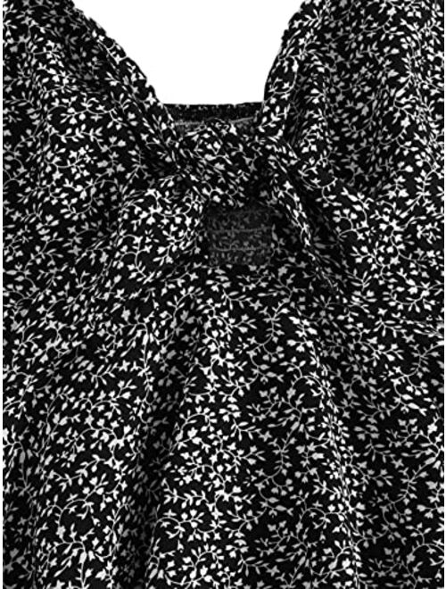 SheIn Women's Floral Shirred Peplum Crop Top Boho Ruffle Sleeveless V Neck Tie Smocked Cami Top