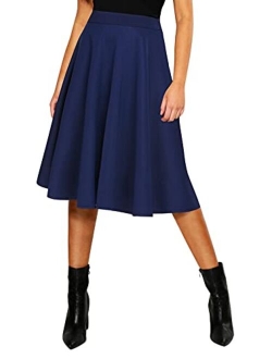 Women's Basic Elastic Waist A-line Solid Flared Midi Skirt
