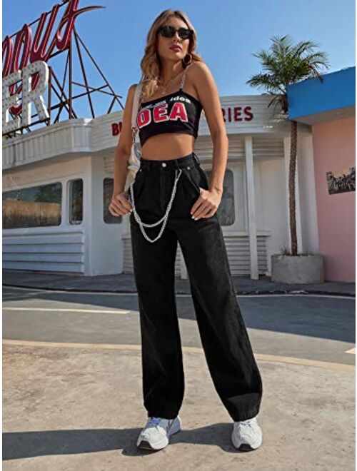 SheIn Women's High Waist Denim Jeans Zipper Fly Wide Leg Loose Pants with Chain