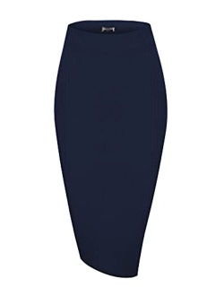 Elastic High Waist Knee Length Pencil Skirt Ribbed Knit Basic Tube Midi Skirt