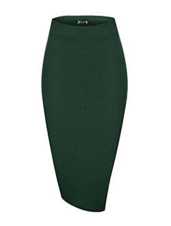 Elastic High Waist Knee Length Pencil Skirt Ribbed Knit Basic Tube Midi Skirt