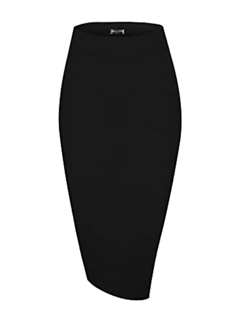 Urban CoCo Elastic High Waist Knee Length Pencil Skirt Ribbed Knit Basic Tube Midi Skirt