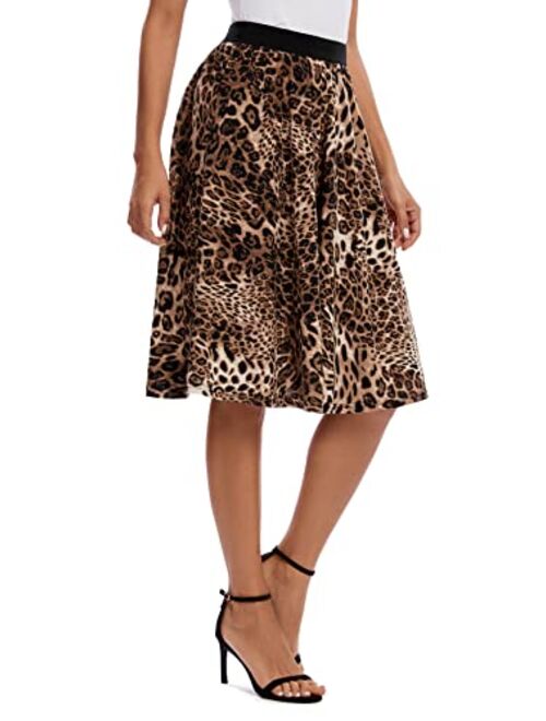 Urban CoCo Women's Casual Elastic High Waist Leopard Print Pleated Shirring Midi Skirt
