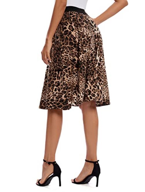 Urban CoCo Women's Casual Elastic High Waist Leopard Print Pleated Shirring Midi Skirt