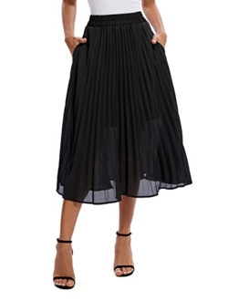 Women's Elastic High Wasit Pleated Skirt Woven Casual Midi Swing Skirt