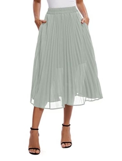 Women's Elastic High Wasit Pleated Skirt Woven Casual Midi Swing Skirt