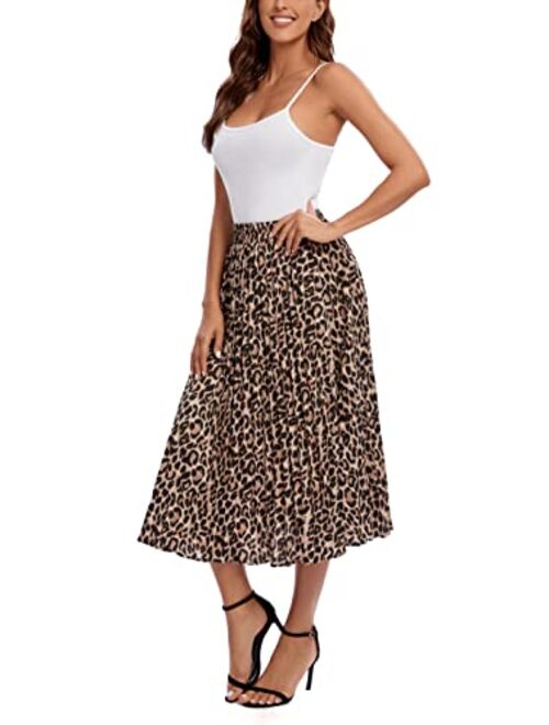 Urban CoCo Women's Elastic High Wasit Pleated Skirt Woven Casual Midi Swing Skirt