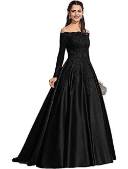 Tianzhihe Women's Long Sleeve Off Shoulder Prom Dresses Long Satin Lace Wedding Dress Formal Party Dress