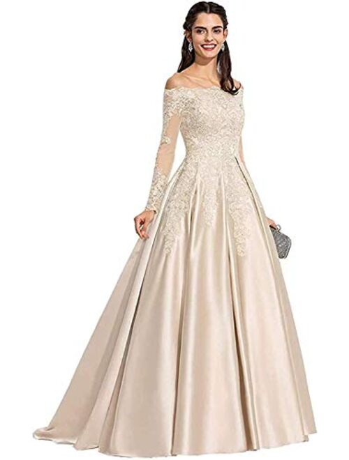 Tianzhihe Women's Long Sleeve Off Shoulder Prom Dresses Long Satin Lace Wedding Dress Formal Party Dress