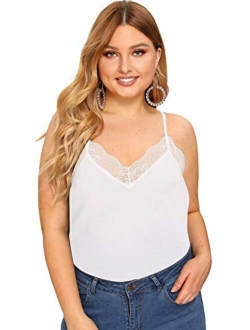Women's Plus V Neck Sleeveless Lace Trim Spaghetti Strap Camisole Cami Tank Top