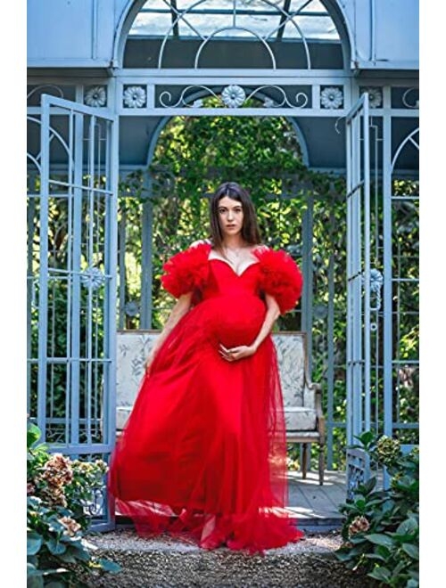 Tianzhihe Off Shoulder Maternity Dress Photoshoot Ruffle Tulle Prom Dress Maxi Party Gown