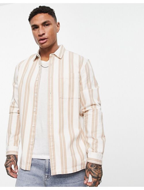 Topman long sleeve stripe shirt in stone and white