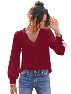 Women's V Neck Ruffle Trim Puff Long Sleeve Chiffon Blouse Solid Top Shirt