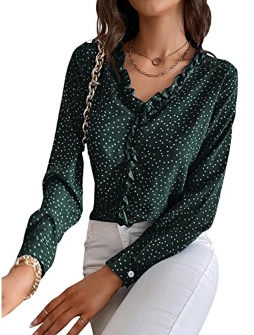 SheIn Women's V Neck Ruffle Trim Puff Long Sleeve Chiffon Blouse Solid Top Shirt