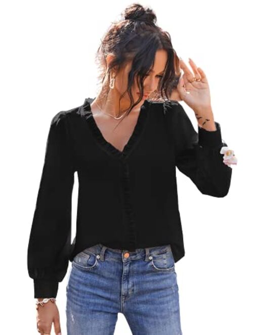 SheIn Women's V Neck Ruffle Trim Puff Long Sleeve Chiffon Blouse Solid Top Shirt