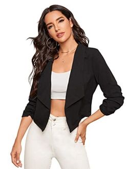 Women's Shawl Collar Ruched 3/4 Sleeve Crop Blazer Open Front Jacket Coat