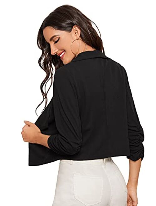 SheIn Women's Shawl Collar Ruched 3/4 Sleeve Crop Blazer Open Front Jacket Coat