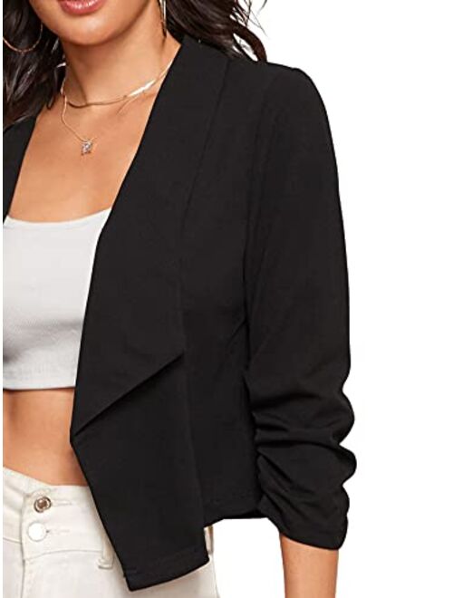 SheIn Women's Shawl Collar Ruched 3/4 Sleeve Crop Blazer Open Front Jacket Coat
