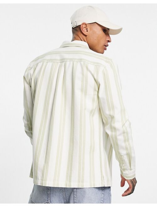 Topman long sleeve stripe shirt in green and white