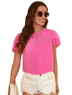 Women's Summer Ruffle Short Sleeve Lace Chiffon Blouse Workwear Top Shirts